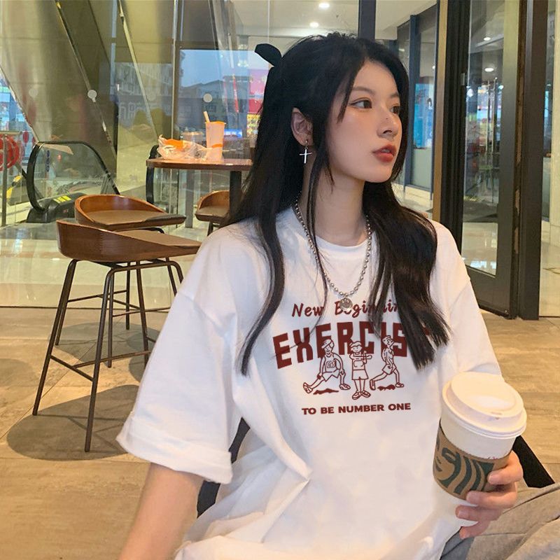 100%純棉短袖t恤女夏季新款寬鬆百搭bf原宿風印花甜辣ins上衣體恤