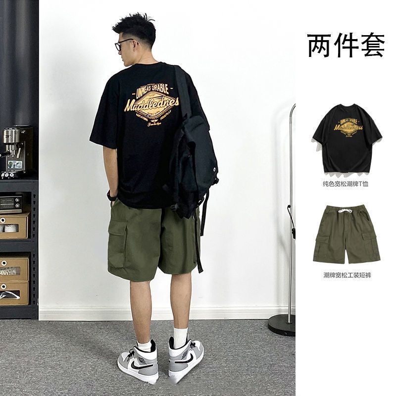 夏季套裝男日系短袖T恤美式潮牌印花INS純棉寬鬆潮流休閒工裝短褲