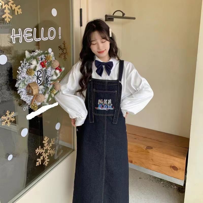 Denim suspender skirt female students  new Korean version loose slim mid-length skirt age-reducing cute embroidered long skirt