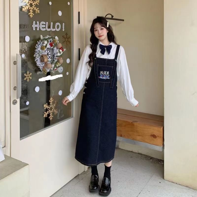 Denim suspender skirt female students  new Korean version loose slim mid-length skirt age-reducing cute embroidered long skirt