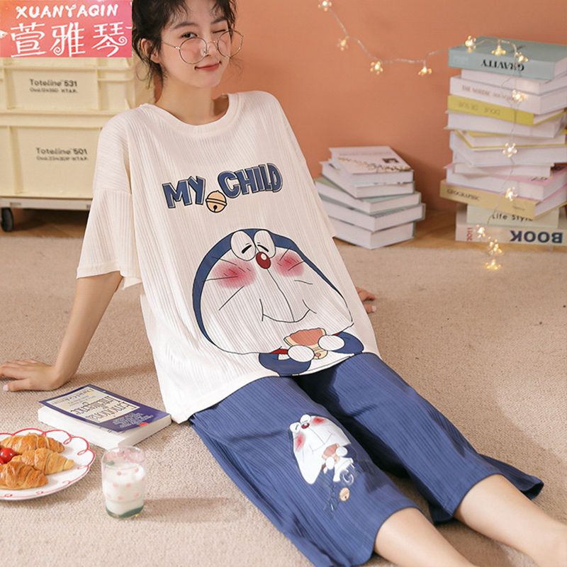 100% pajamas women's summer short-sleeved cropped pants Korean version cute cartoon students can go out home service large size suit