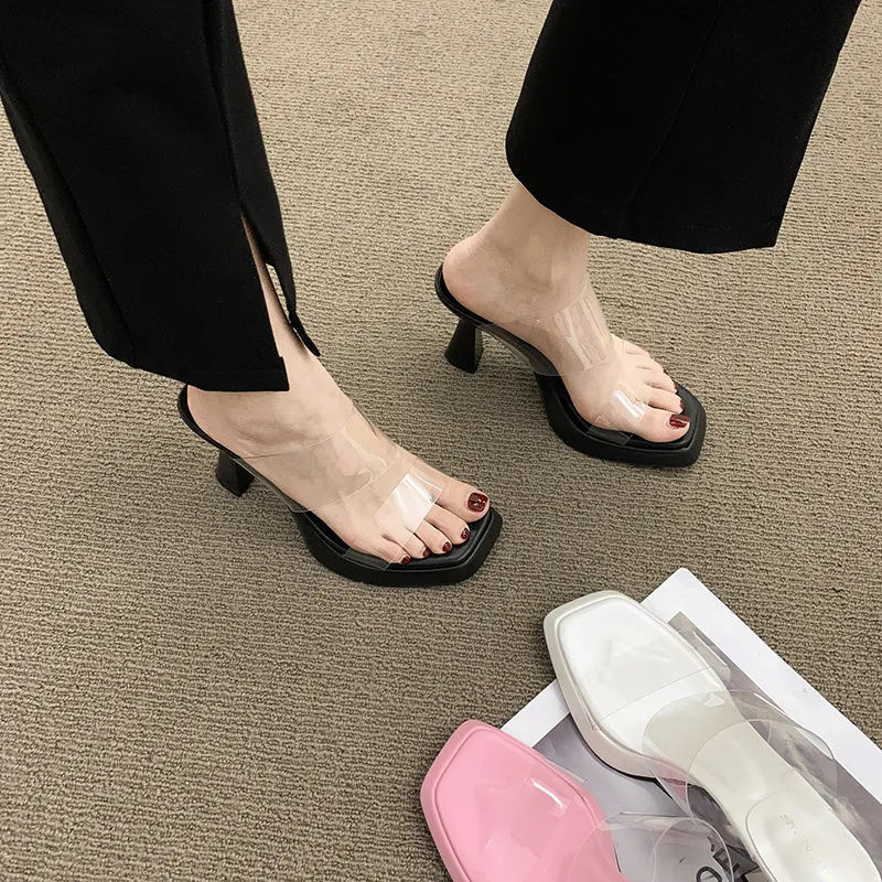 女拖鞋外穿夏季2022年新款網紅超火百搭透明一字高跟仙女風涼拖鞋