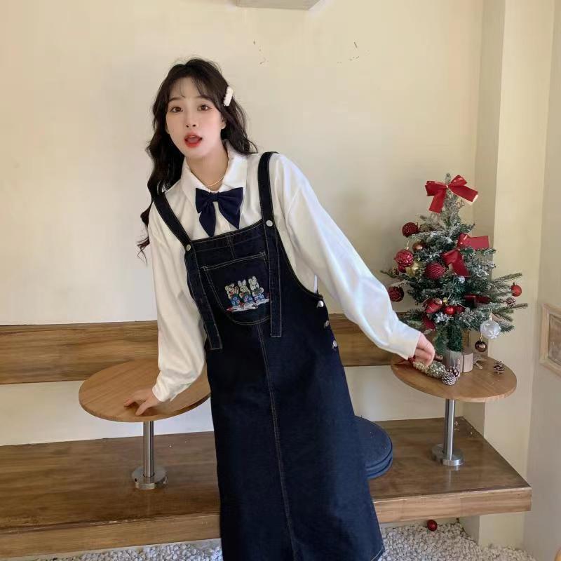 Denim suspender skirt female students  new Korean version loose slim mid-length skirt age-reducing cute embroidered long skirt