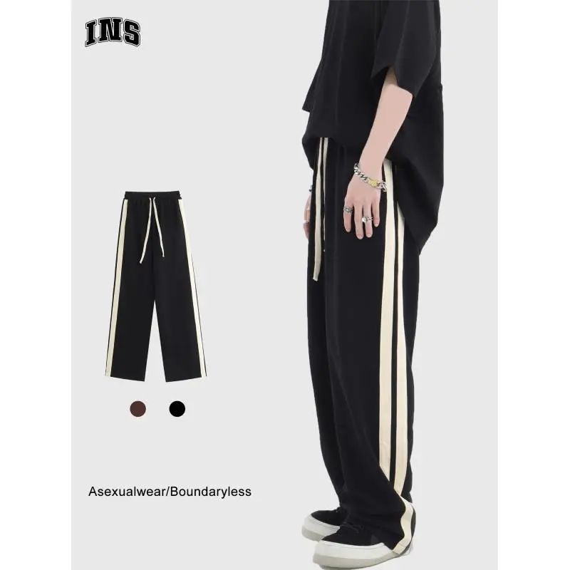 American high street side striped casual pants trendy straight loose drape pants retro sports long pants for men and women