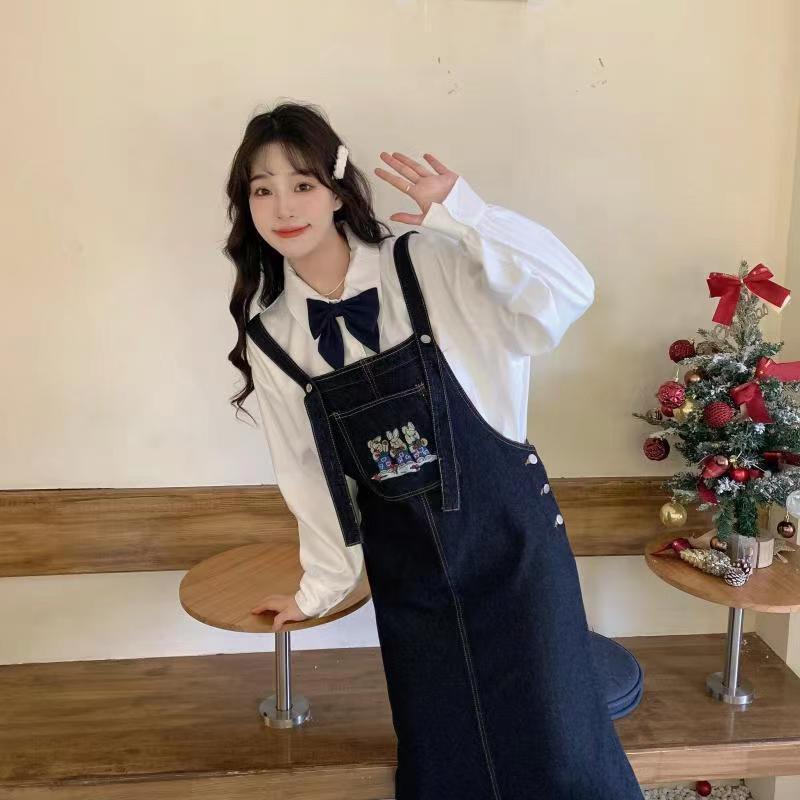 Denim suspender skirt female students  new Korean version loose slim mid-length skirt age-reducing cute embroidered long skirt