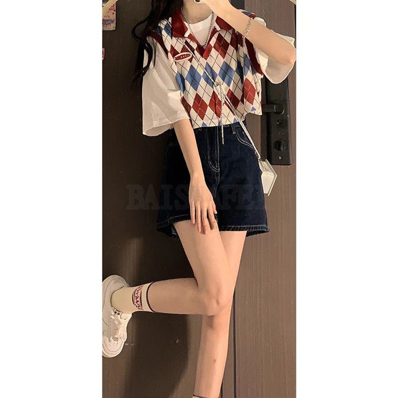 Small Korean college style wear women's French high-end Hong Kong style vest shirt denim shorts three-piece trendy