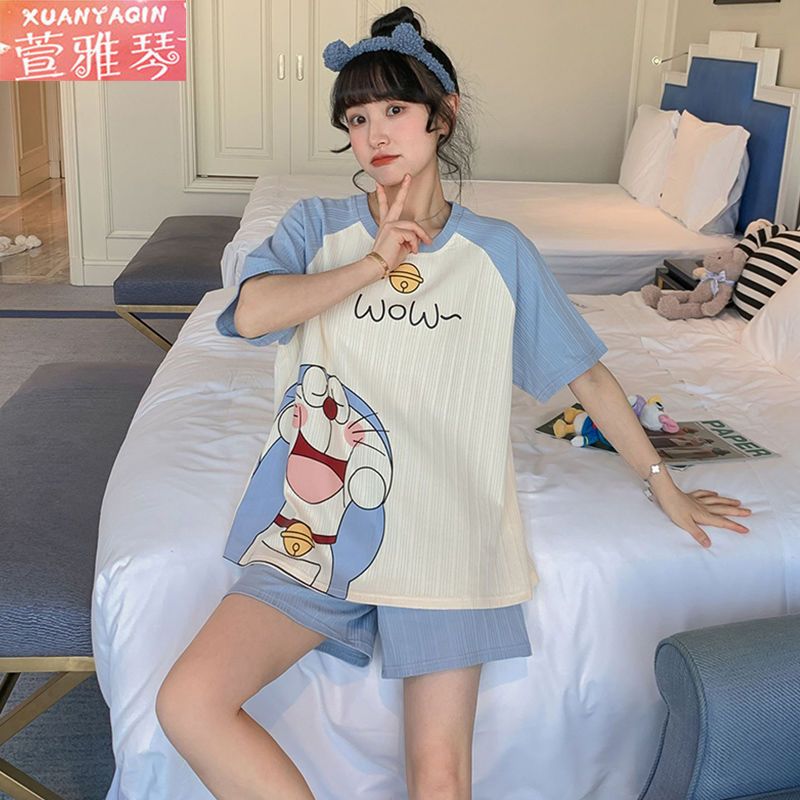 100% double-sided summer pajamas women's summer short-sleeved women's plus size suit simple cartoon princess style home service