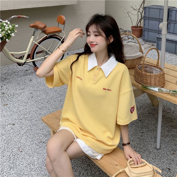 Summer waffle POLO collar short-sleeved t-shirt female students Korean version loose mid-length college style embroidery ins top