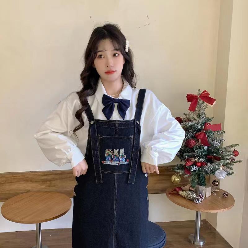 Denim suspender skirt female students  new Korean version loose slim mid-length skirt age-reducing cute embroidered long skirt