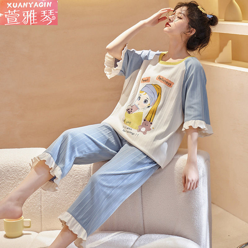 100% double-sided pajamas women's summer short-sleeved cropped pants princess style home clothes cartoon ladies outerwear large size suit