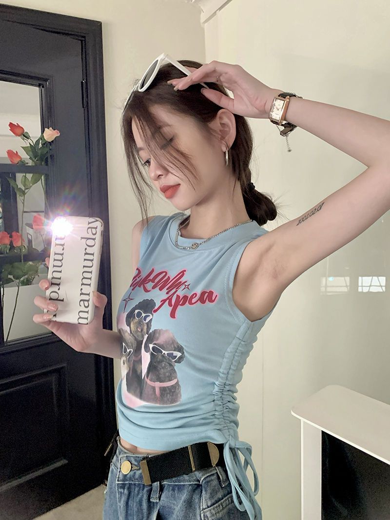 純欲風辣妹印花無袖背心T恤女夏季高腰顯瘦抽繩圓領短款藍色上衣