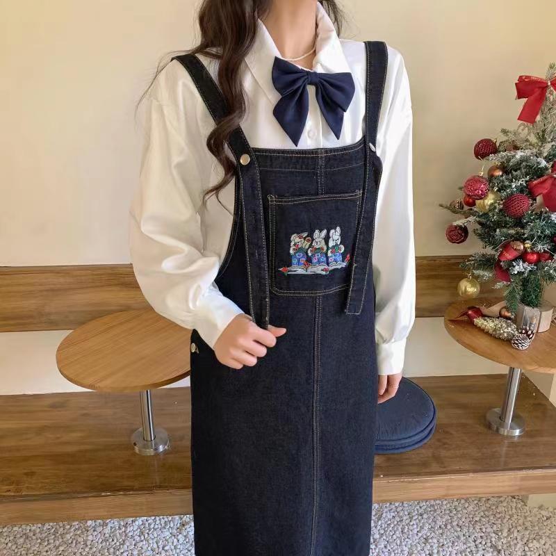 Denim suspender skirt female students  new Korean version loose slim mid-length skirt age-reducing cute embroidered long skirt