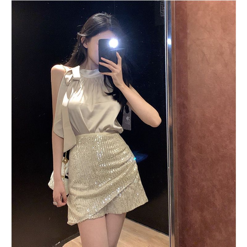 法式高級感名媛甜欲風掛脖襯衫女亮片包臀半身裙時尚氣質兩件套裝
