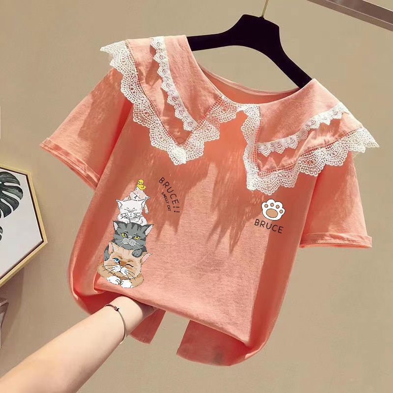 100%纯棉女童短袖t恤夏季薄款2023新款女宝宝洋气中大童网红甜美