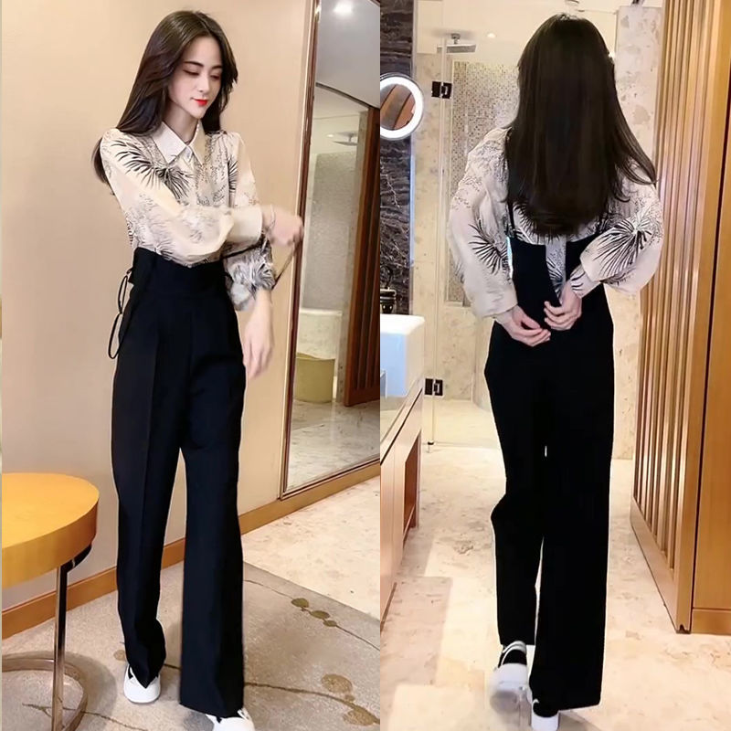 Internet celebrity fried street fashion suit female  new high-end sense wear western style shirt slim overalls overalls two-piece set