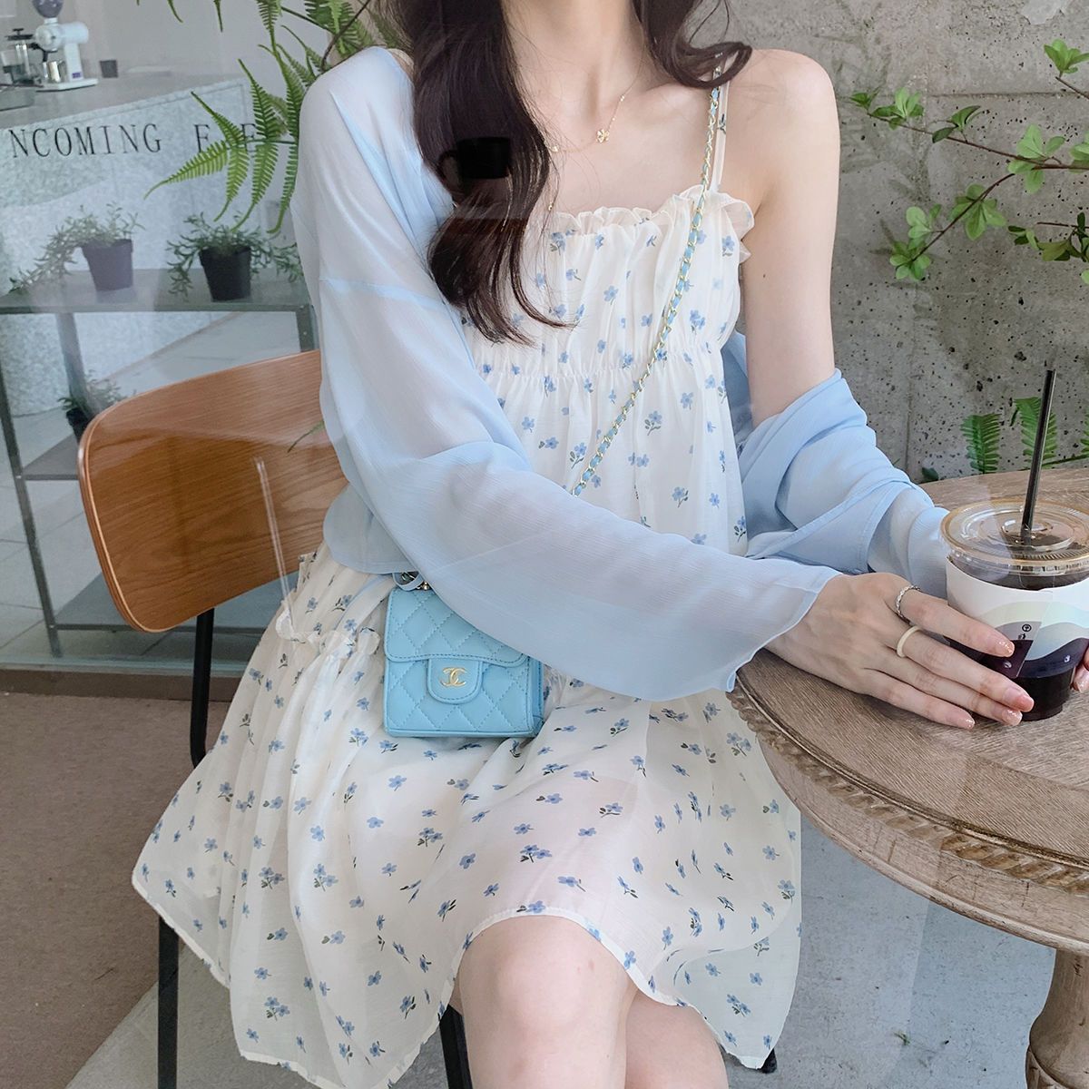薄荷海鹽甜美清新小碎花吊帶裙+薄款防曬開衫兩件套夏季2023新款