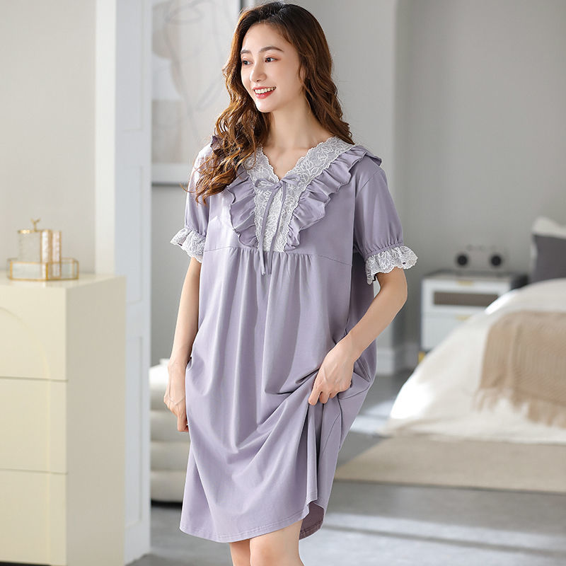 Modal nightdress women's summer short-sleeved pure cotton new lace French style lazy style can be worn outside in summer pajamas skirt