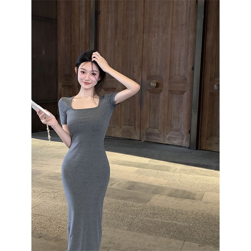 純色短袖長款連衣裙女修身顯瘦包臀裙夏季高腰方領a字一步裙氣質