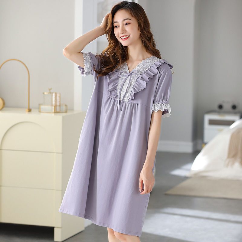 Modal nightdress women's summer short-sleeved pure cotton new lace French style lazy style can be worn outside in summer pajamas skirt
