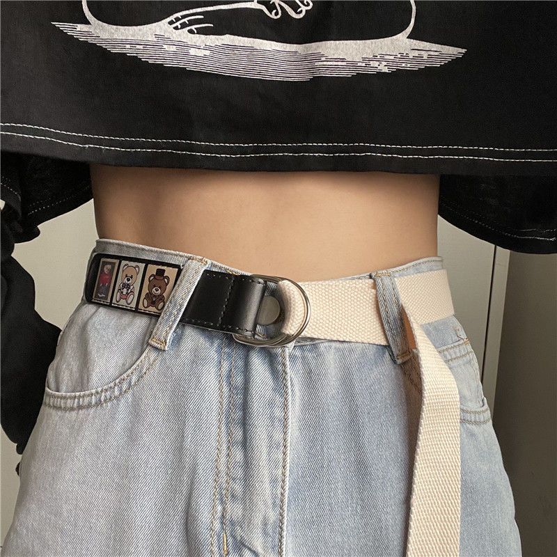 Bear belt female Korean version retro all-match simple canvas free punching belt men's decorative jeans with ins tide