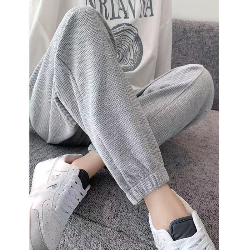 Waffle trousers men's summer new Korean version of the trend thin section beam feet casual pants summer gray sweatpants sweatpants