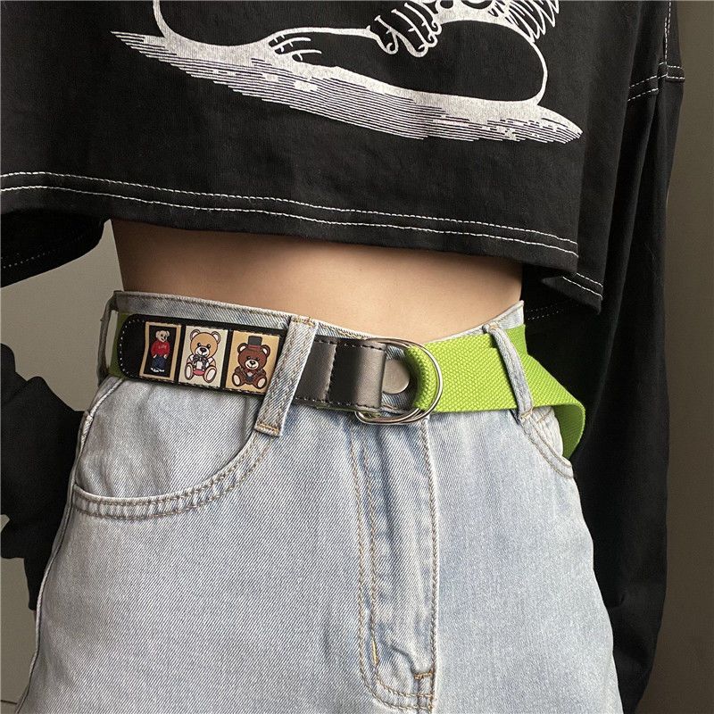 Bear belt female Korean version retro all-match simple canvas free punching belt men's decorative jeans with ins tide