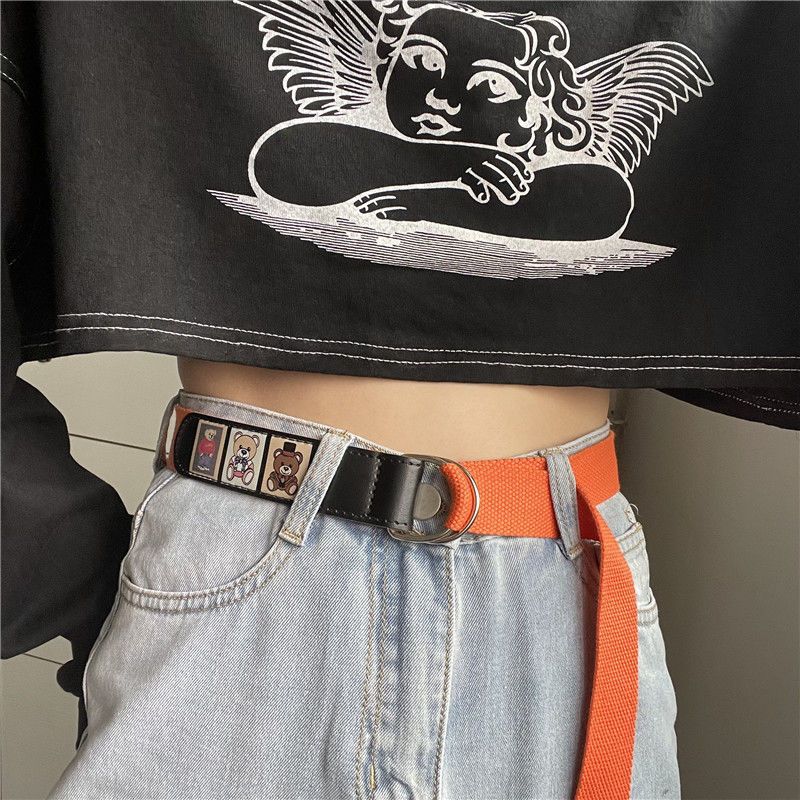 Bear belt female Korean version retro all-match simple canvas free punching belt men's decorative jeans with ins tide