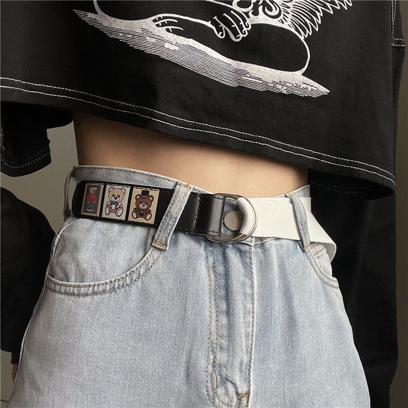 Bear belt female Korean version retro all-match simple canvas free punching belt men's decorative jeans with ins tide