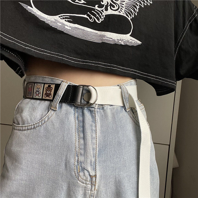 Bear belt female Korean version retro all-match simple canvas free punching belt men's decorative jeans with ins tide