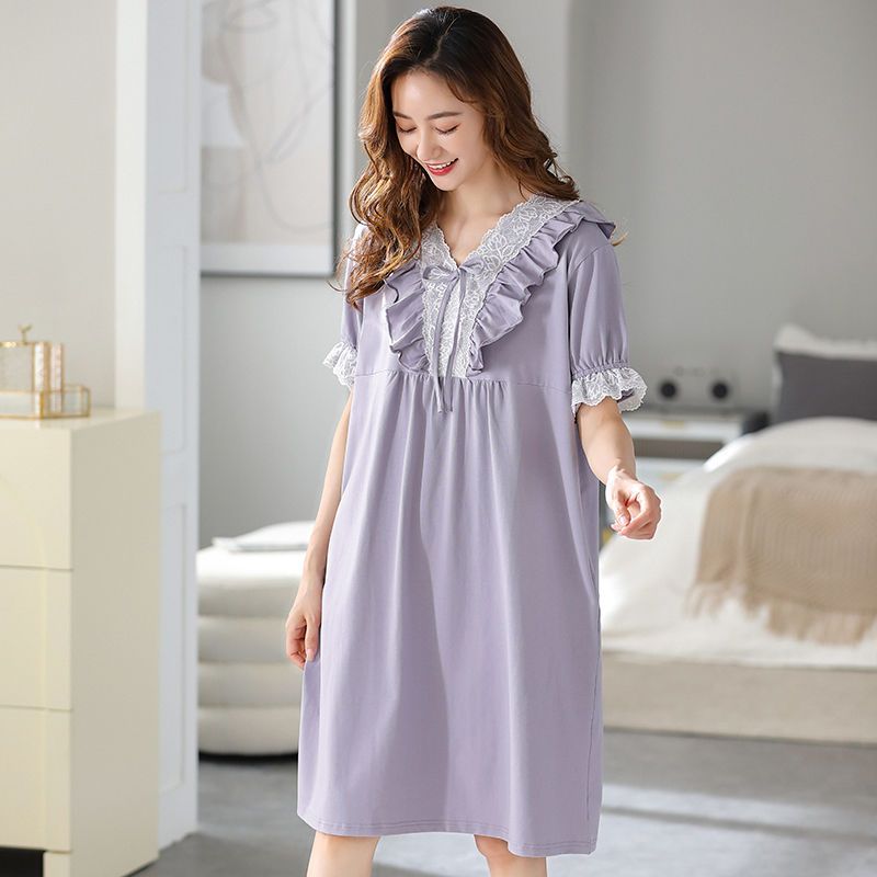 Modal nightdress women's summer short-sleeved pure cotton new lace French style lazy style can be worn outside in summer pajamas skirt