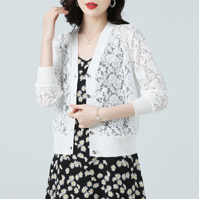 Lace short sunscreen shirt cardigan jacket women  summer thin section small shawl with foreign style high-end sunscreen clothing