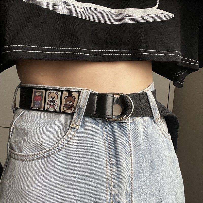 Bear belt female Korean version retro all-match simple canvas free punching belt men's decorative jeans with ins tide