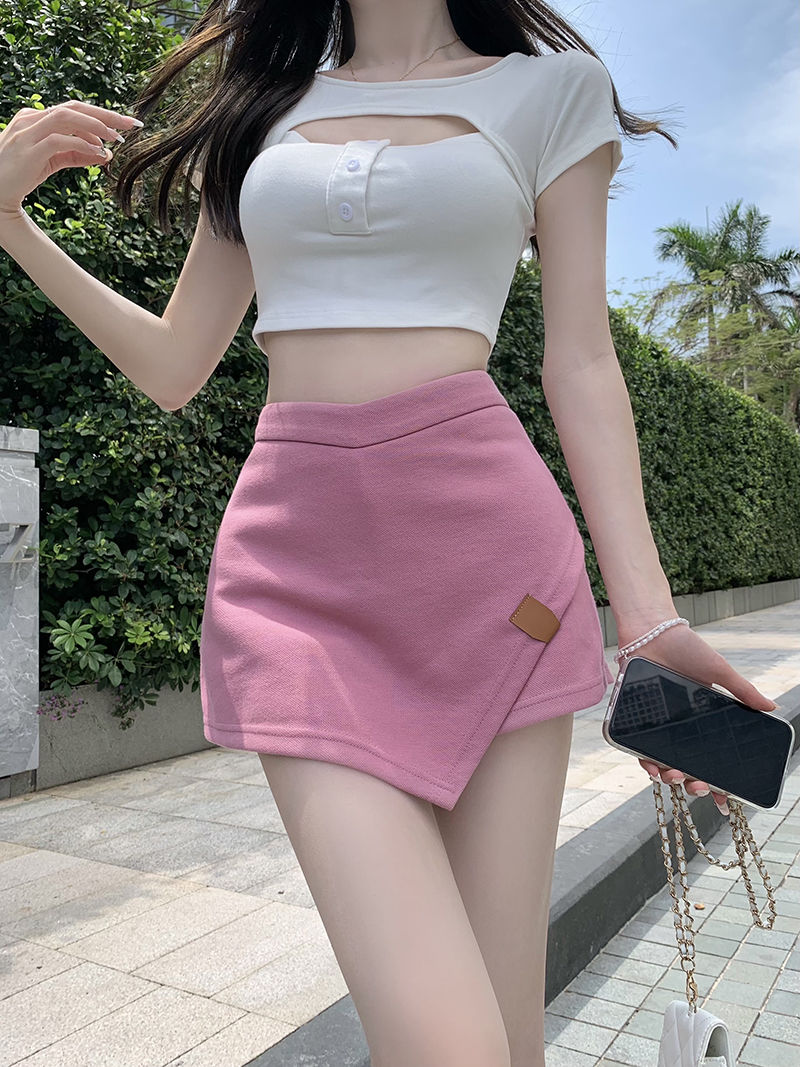 Spicy Girls Irregular Half Skirt Women's  Summer New A-line Skirt High Waist Pink Wrap Arm Short Skirt Trouser Skirt