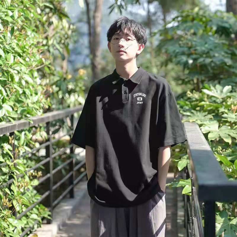 polo衫男士潮牌oversize翻領短袖T恤寬鬆休閒日系港風百搭半袖夏