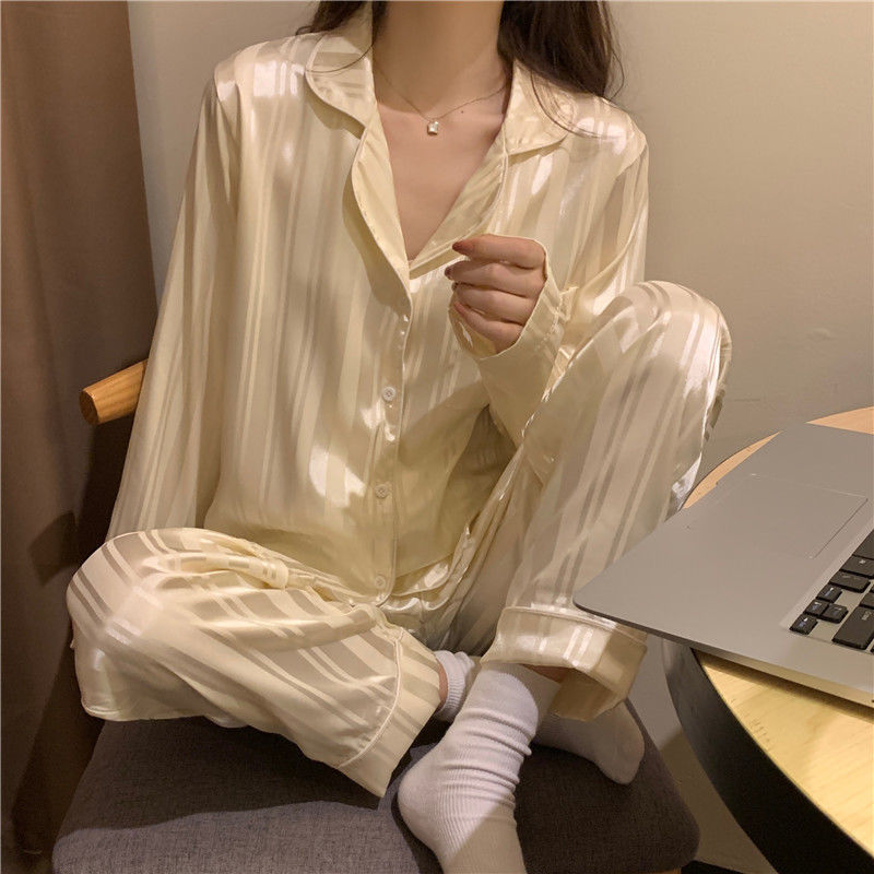Women's pajamas spring and autumn long-sleeved thin section ice silk cool silk cute student home service two-piece suit spring and summer