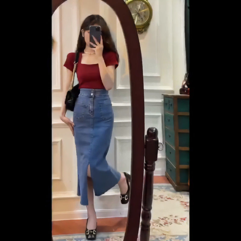法式小眾復古酒紅色T恤+性感包臀裙牛仔半身裙魚尾裙兩件套裝女夏