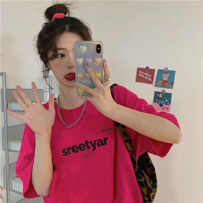 玫紅色美式潮牌oversize純棉短袖t恤夏季ins寬鬆可愛辣妹半袖上衣