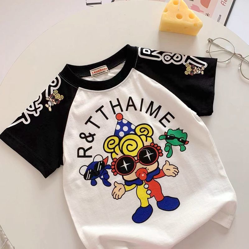 100% cotton children's boys and girls 2023 summer new Korean version stitching color insert round neck short-sleeved T-shirt top