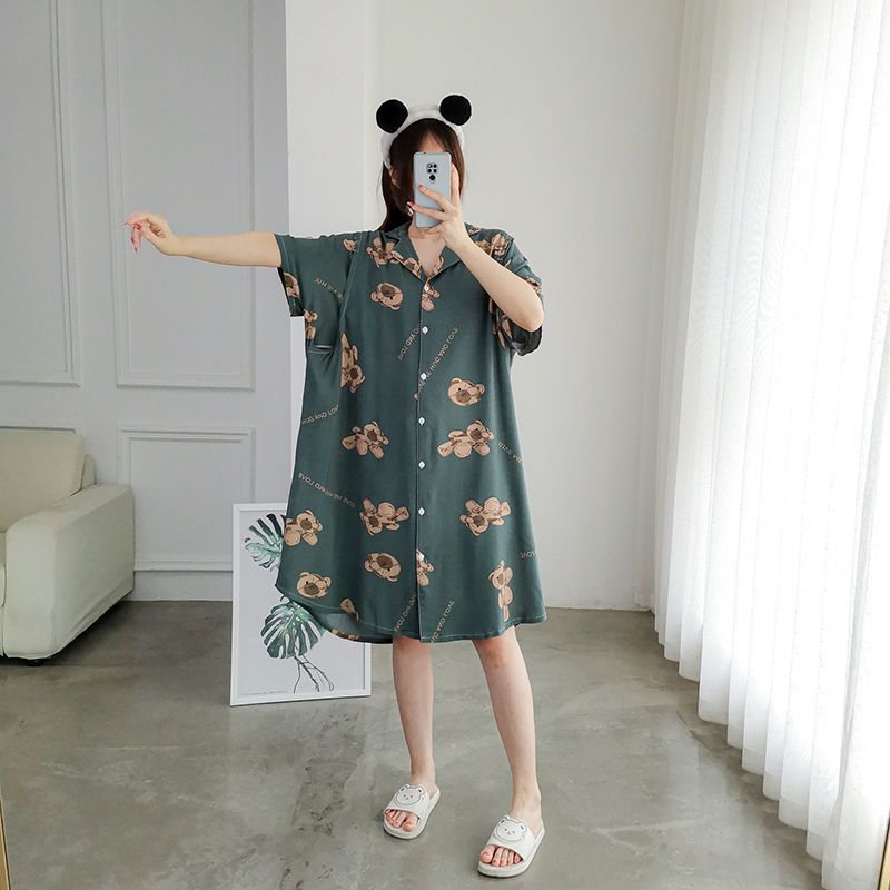 Nightdress women's summer long fat mm2-300 catties large size bear pajamas thin section home service long skirt can be worn outside 240