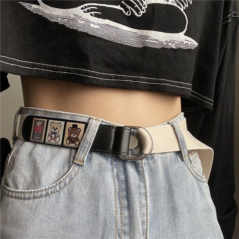 Bear belt female Korean version retro all-match simple canvas free punching belt men's decorative jeans with ins tide