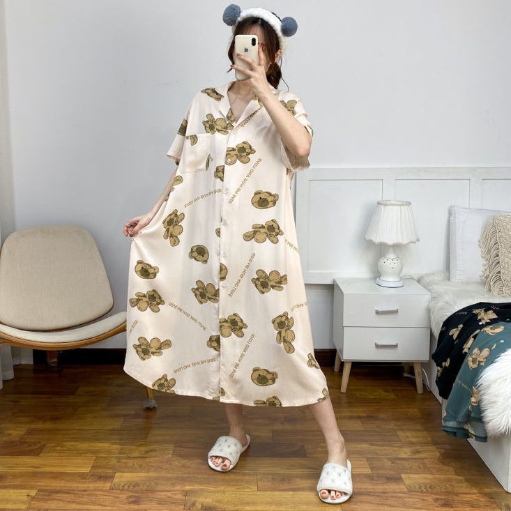 Nightdress women's summer long fat mm2-300 catties large size bear pajamas thin section home service long skirt can be worn outside 240