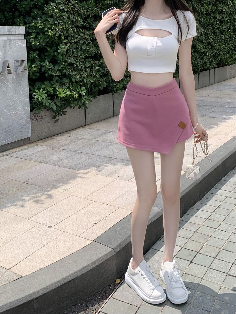 Spicy Girls Irregular Half Skirt Women's  Summer New A-line Skirt High Waist Pink Wrap Arm Short Skirt Trouser Skirt