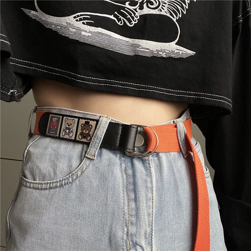 Bear belt female Korean version retro all-match simple canvas free punching belt men's decorative jeans with ins tide