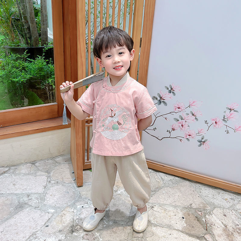 汉服男童夏季中国风国学服古装两件套宝宝薄款演出服儿童棉麻套装