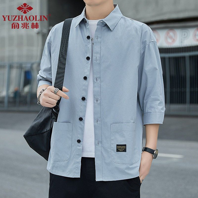 Yu Zhaolin Summer Shirt Men's Handsome Loose Version Middle Sleeve Trend Tooling Three-quarter Sleeve Shirt Men's Casual Short Sleeve