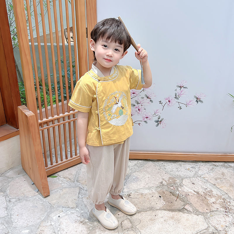 汉服男童夏季中国风国学服古装两件套宝宝薄款演出服儿童棉麻套装