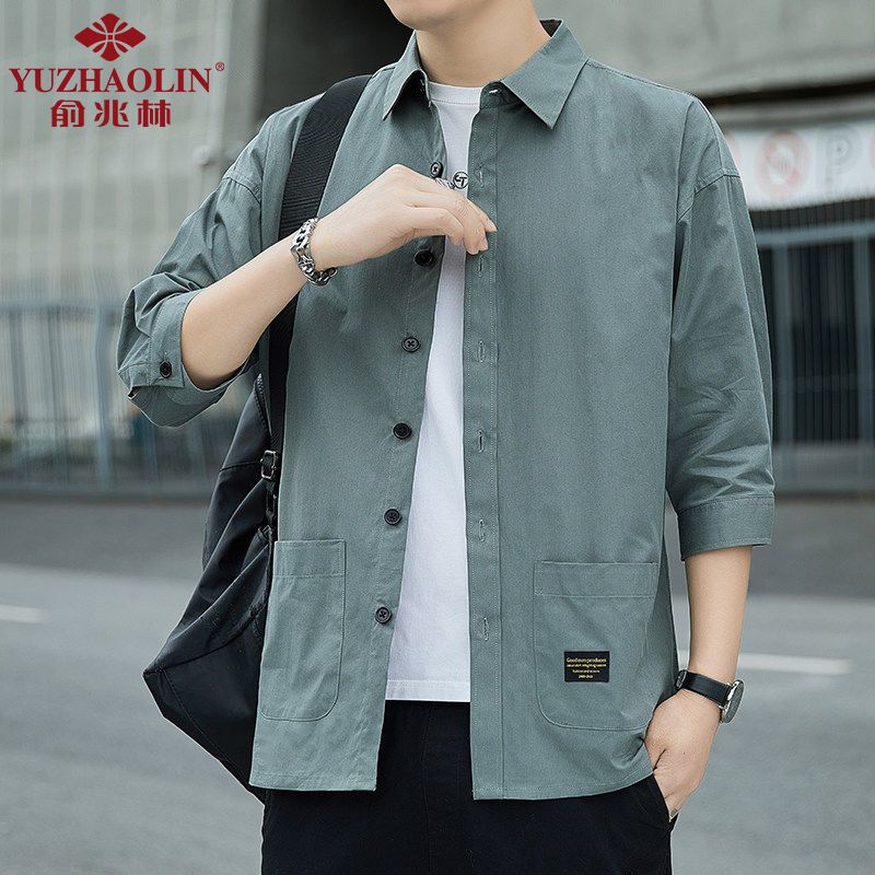 Yu Zhaolin Summer Shirt Men's Handsome Loose Version Middle Sleeve Trend Tooling Three-quarter Sleeve Shirt Men's Casual Short Sleeve