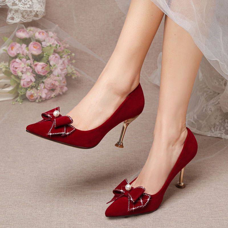 真皮秀禾服婚鞋女2022春季新款酒红色新娘伴娘两穿高跟不累脚女鞋