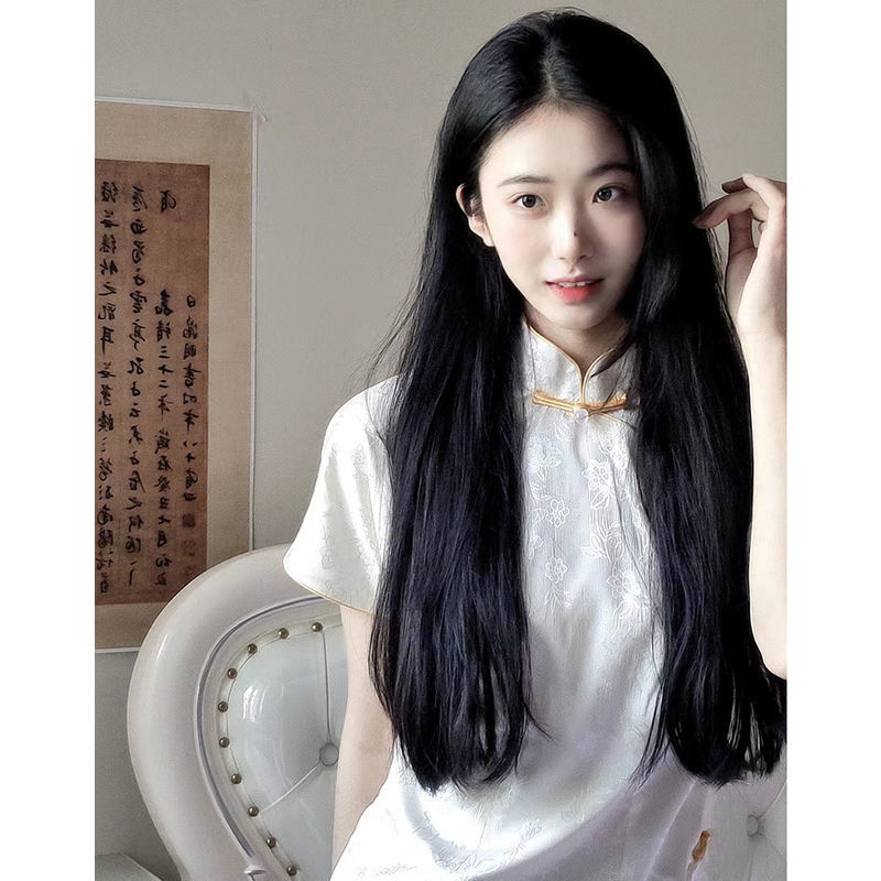高端素雅旗袍少女白色夏季2023年新款改良高級感氣質碎花年輕長裙