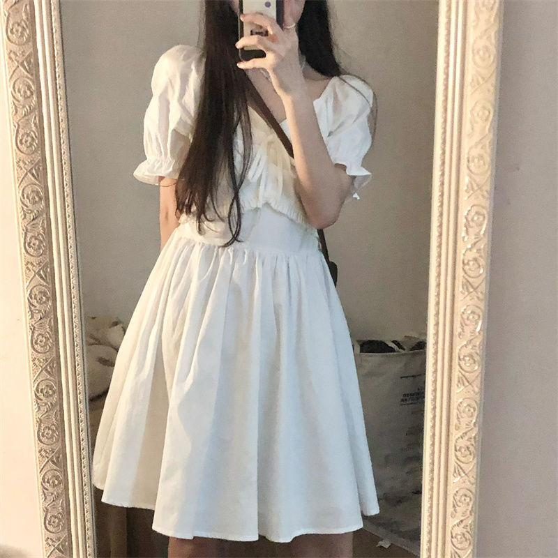 甜美氣質木耳邊蝴蝶結連衣裙女學生夏季V領收腰顯瘦a字裙小白裙子
